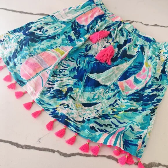 Lilly Pulitzer Style Tropical Tassel Skirt XS – Turquoise Pink Print Resort Beac - Picture 5 of 8